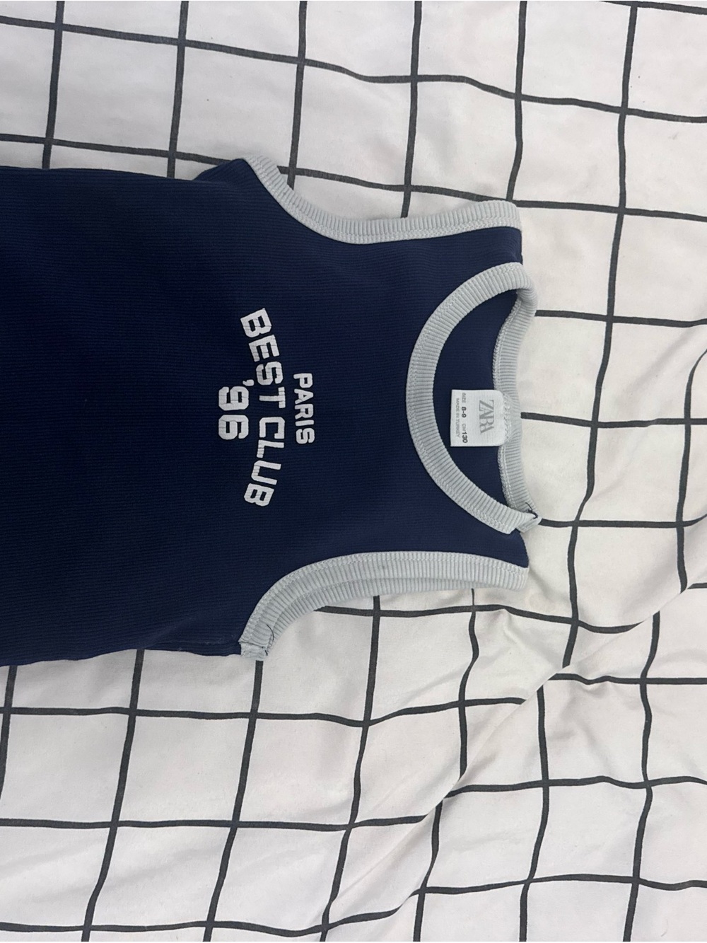 Zara Navy Tank Top with Light Gray Trim and White Print